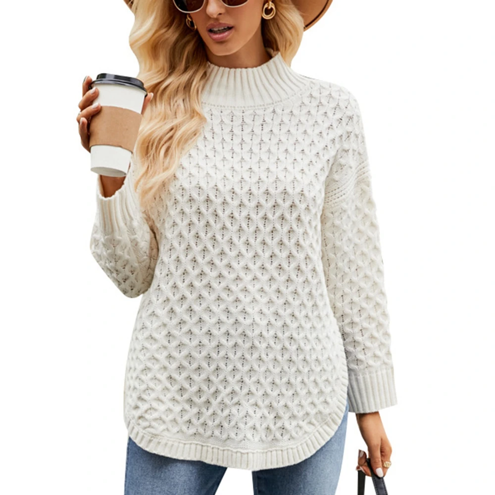 Women Knit Sweater Solid Color Texture Hollow Jacket Fashion Style Loose Half High Neck Long Sleeve Pullover Jumper White S