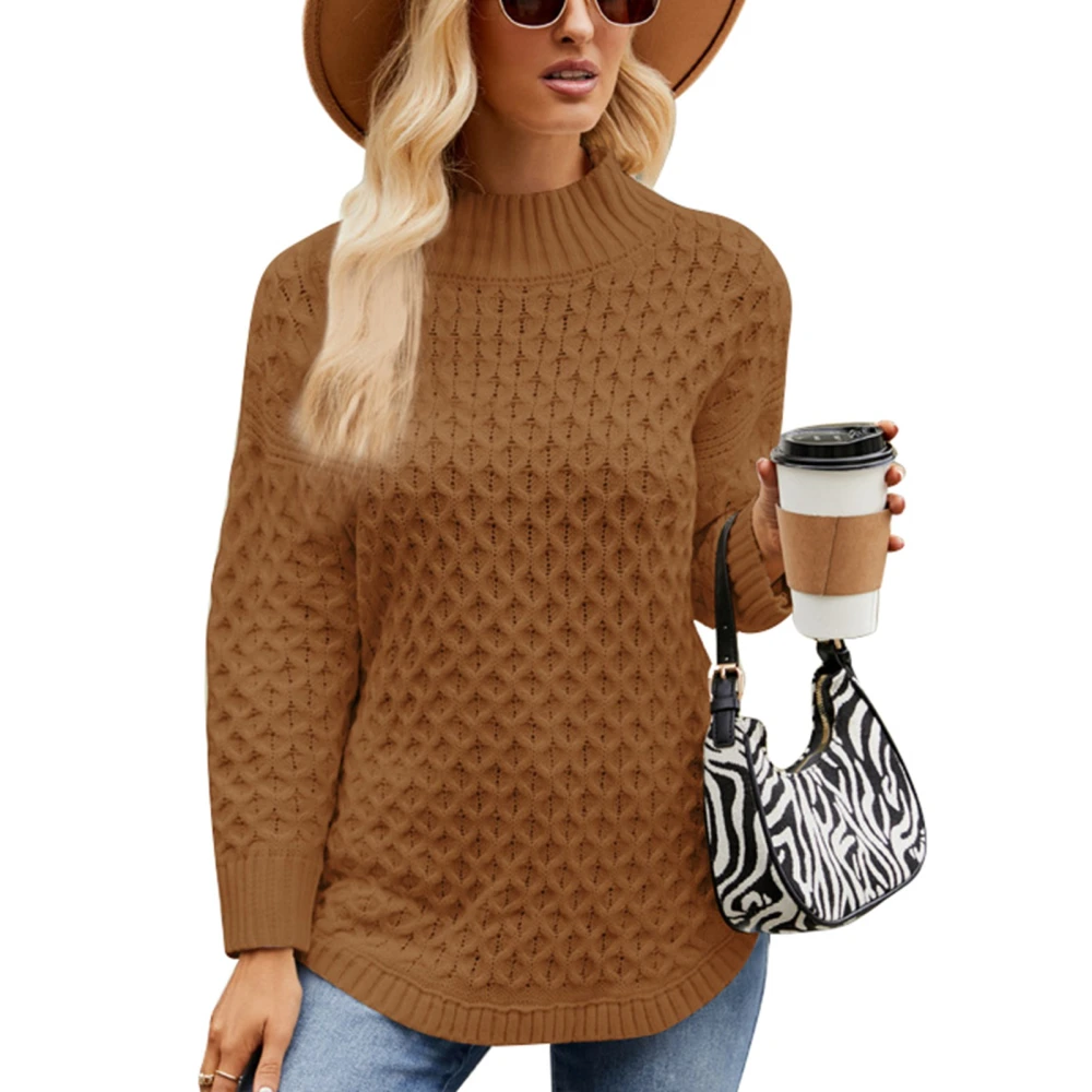 Women Knit Sweater Solid Color Texture Hollow Jacket Fashion Style Loose Half High Neck Long Sleeve Pullover Jumper Brown XL