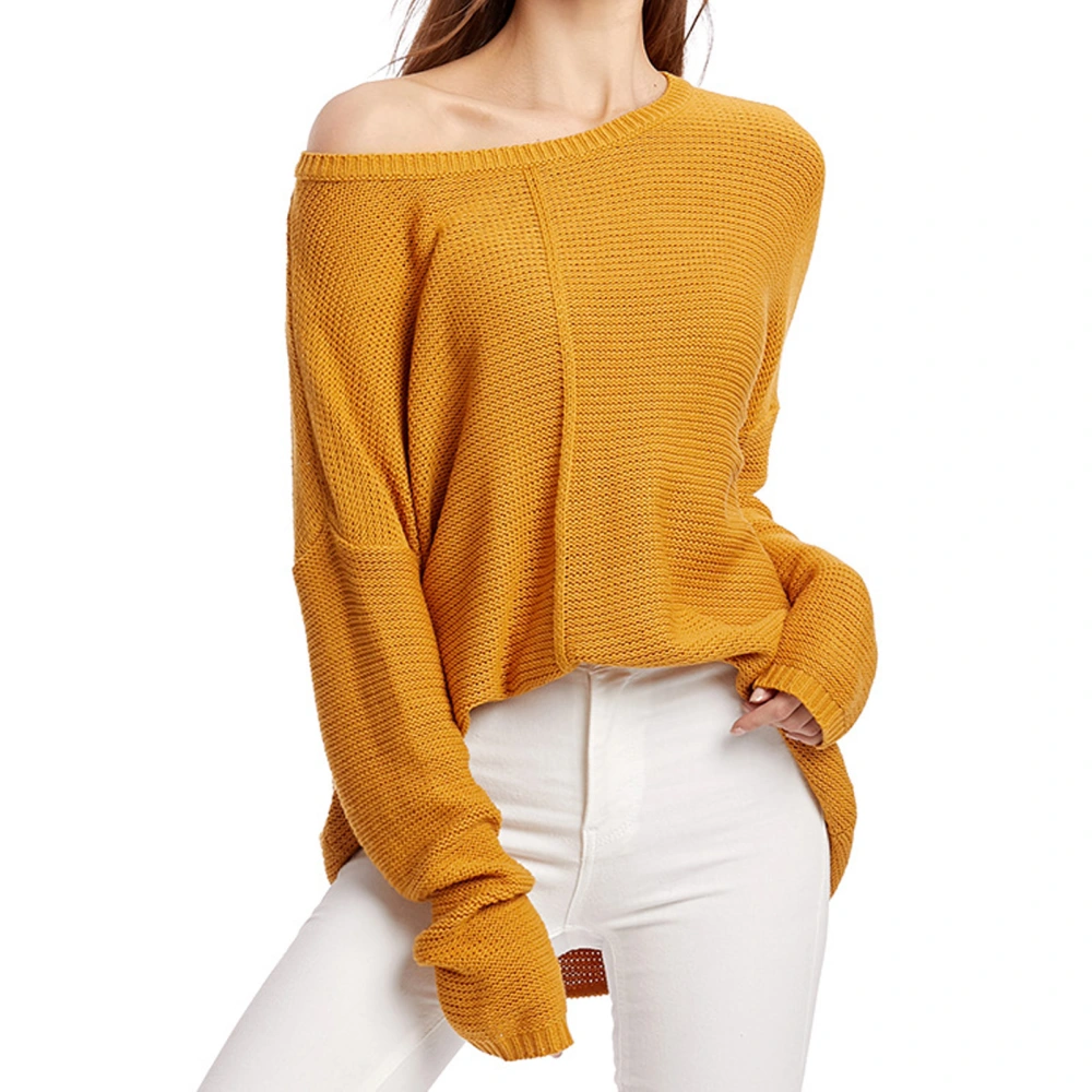 Round Neck Pullover Knitted Sweater Knit Long Sleeve Loose Fashionable Bottom Sweater for Woman Yellow S