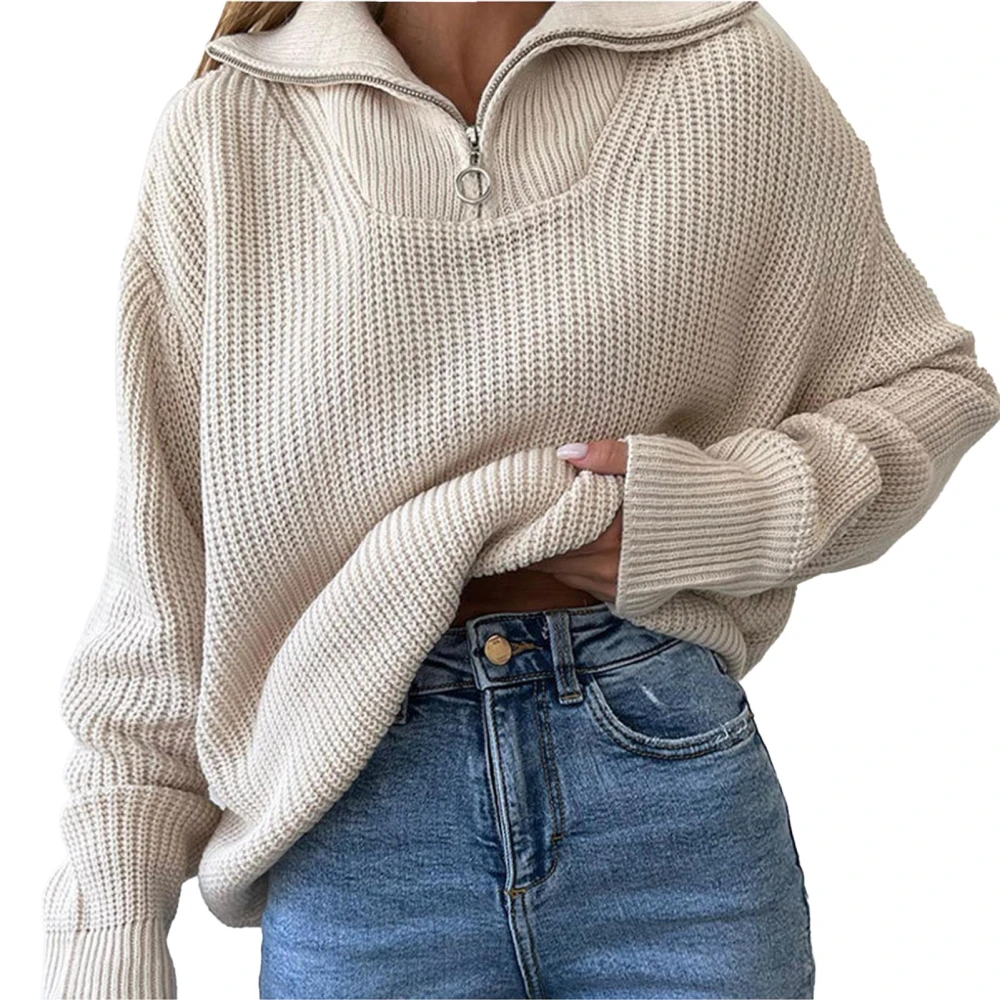 Women Quarter Zipper Sweater V Neck Long Sleeve Casual Half Zipper Pullover Sweatshirt Apricot S