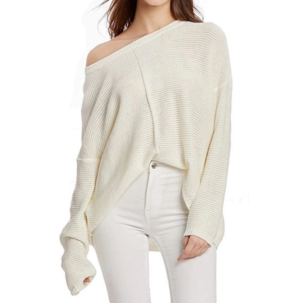 Round Neck Pullover Knitted Sweater Knit Long Sleeve Loose Fashionable Bottom Sweater for Woman White L