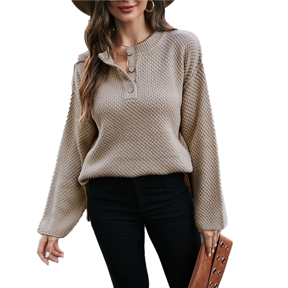 Women Round Collar Sweater Button Trim Long Sleeves Pure Color Casual Knitted Top for Autumn Khaki M