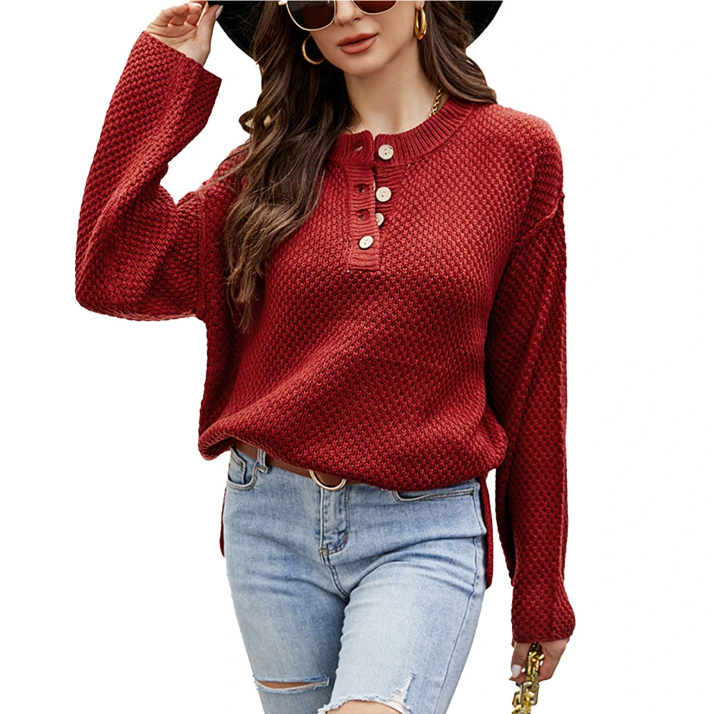 Women Round Collar Sweater Button Trim Long Sleeves Pure Color Casual Knitted Top for Autumn Brick Red M