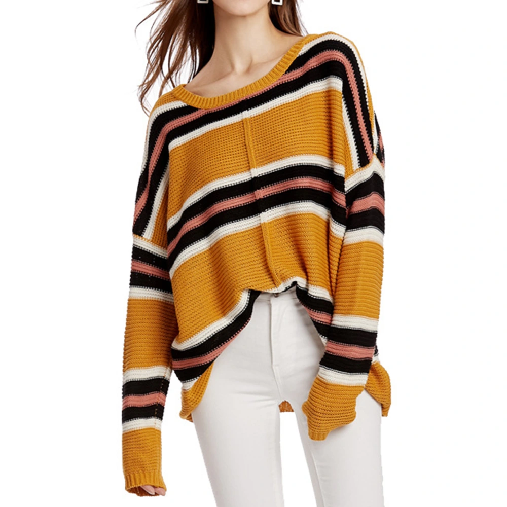 Round Neck Pullover Knitted Sweater Knit Long Sleeve Loose Fashionable Bottom Sweater for Woman Yellow Black Stripe XL