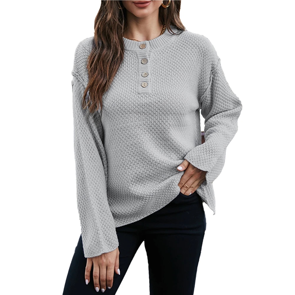 Women Round Collar Sweater Button Trim Long Sleeves Pure Color Casual Knitted Top for Autumn Grey S