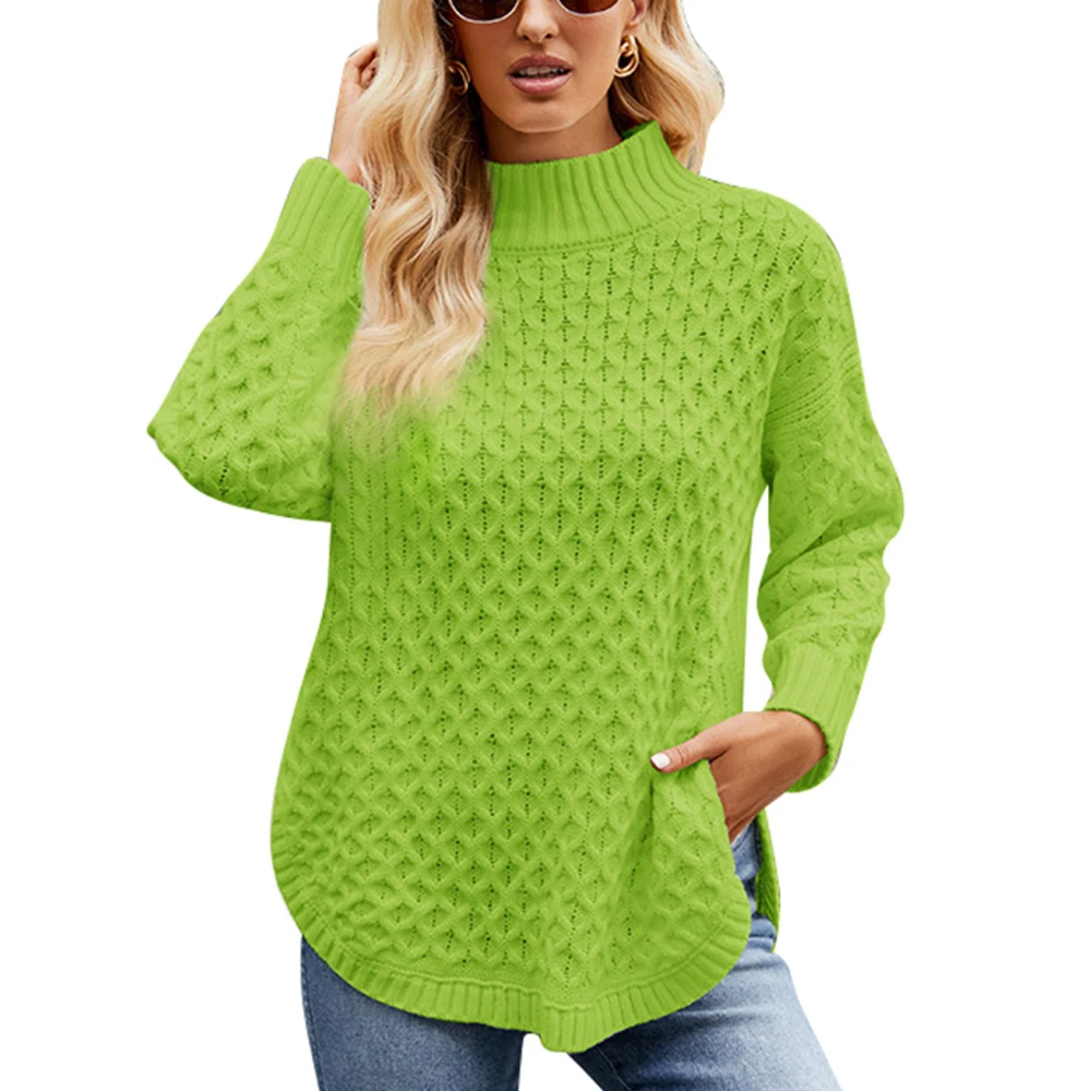 Women Knit Sweater Solid Color Texture Hollow Jacket Fashion Style Loose Half High Neck Long Sleeve Pullover Jumper Green M