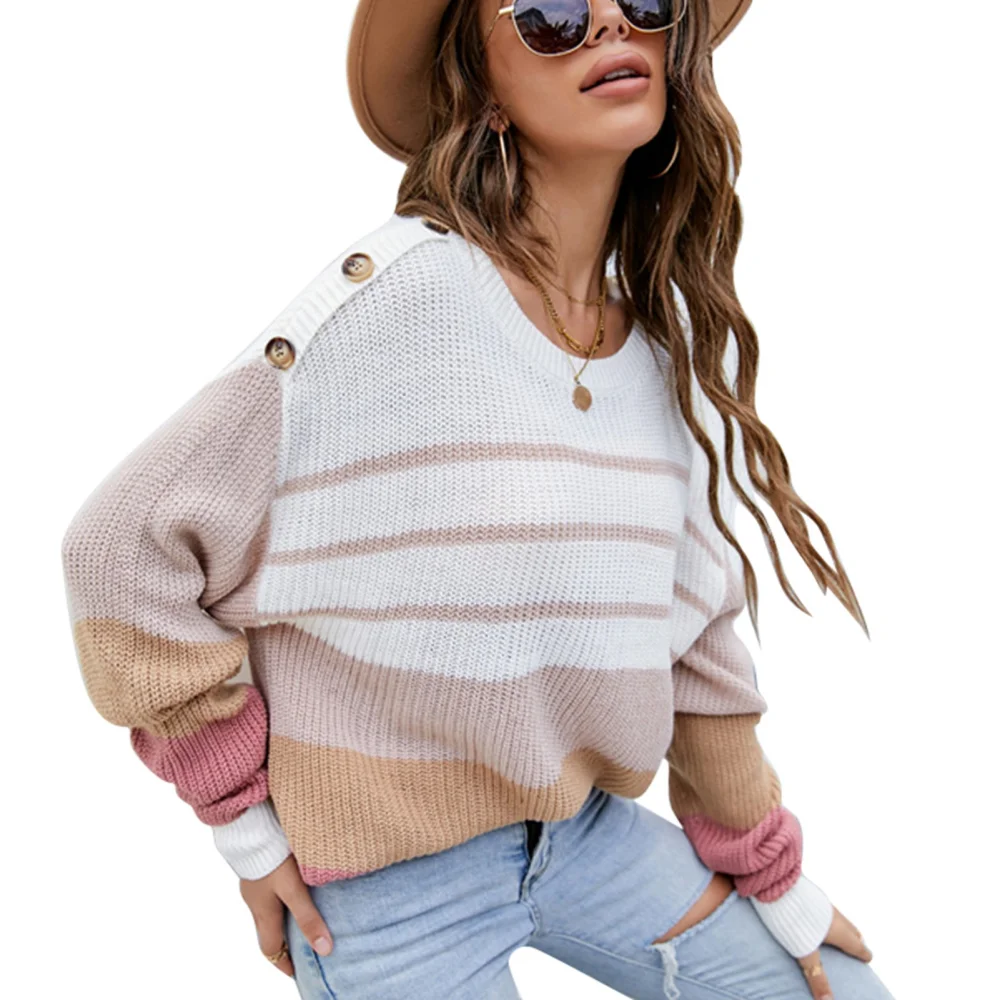 Women Sweater Crew Neck Long Sleeves Strip Pattern Shoulder Button Decor Pullover Loose Fit Knit Knitwear Pink XL