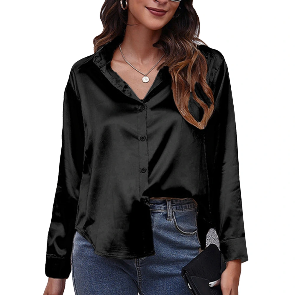 Women Satin Silk Shirt Long Sleeve Turn Down Collar Loose Fit Casual Elegant Button Up Blouse Black L