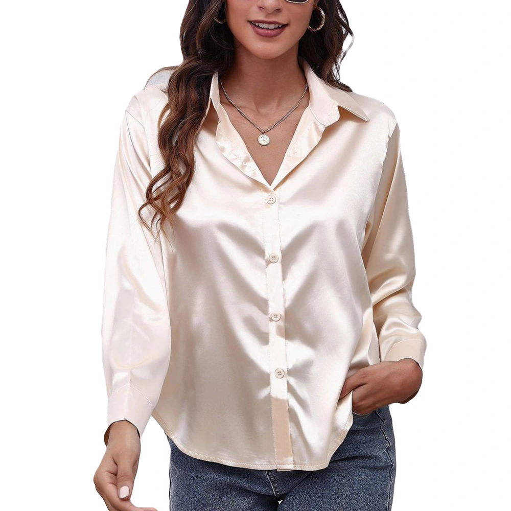 Women Satin Silk Shirt Long Sleeve Turn Down Collar Loose Fit Casual Elegant Button Up Blouse Champagne L