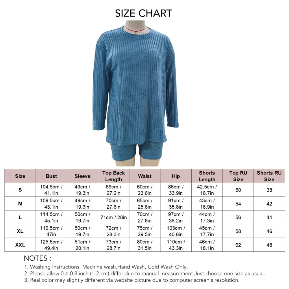 Women Long Sleeves Top Shorts Set Round Neck Elastic High Waist Casual Two Piece Brushed Outfits Grayish Blue M