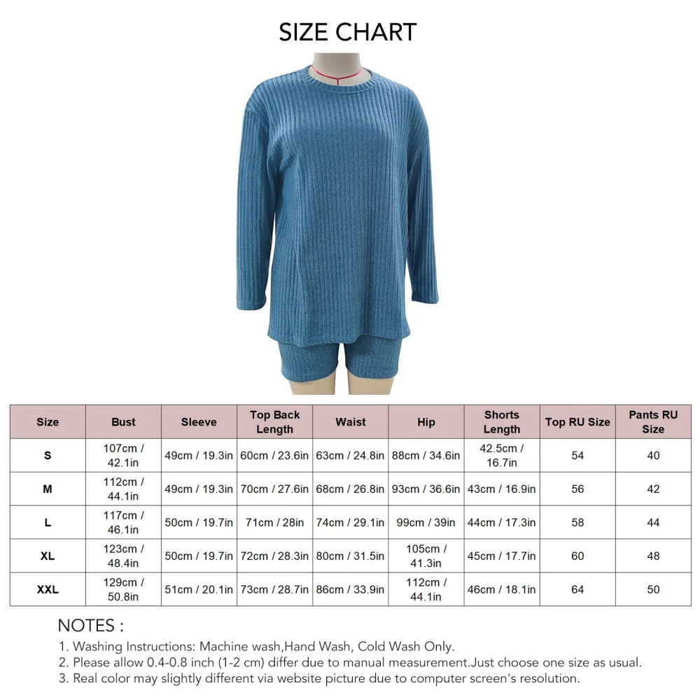 Women Long Sleeves Brushed Top Shorts Set Round Collar Elastic Waist Casual Two Piece Outfits for Autumn Winter Grayish Blue S