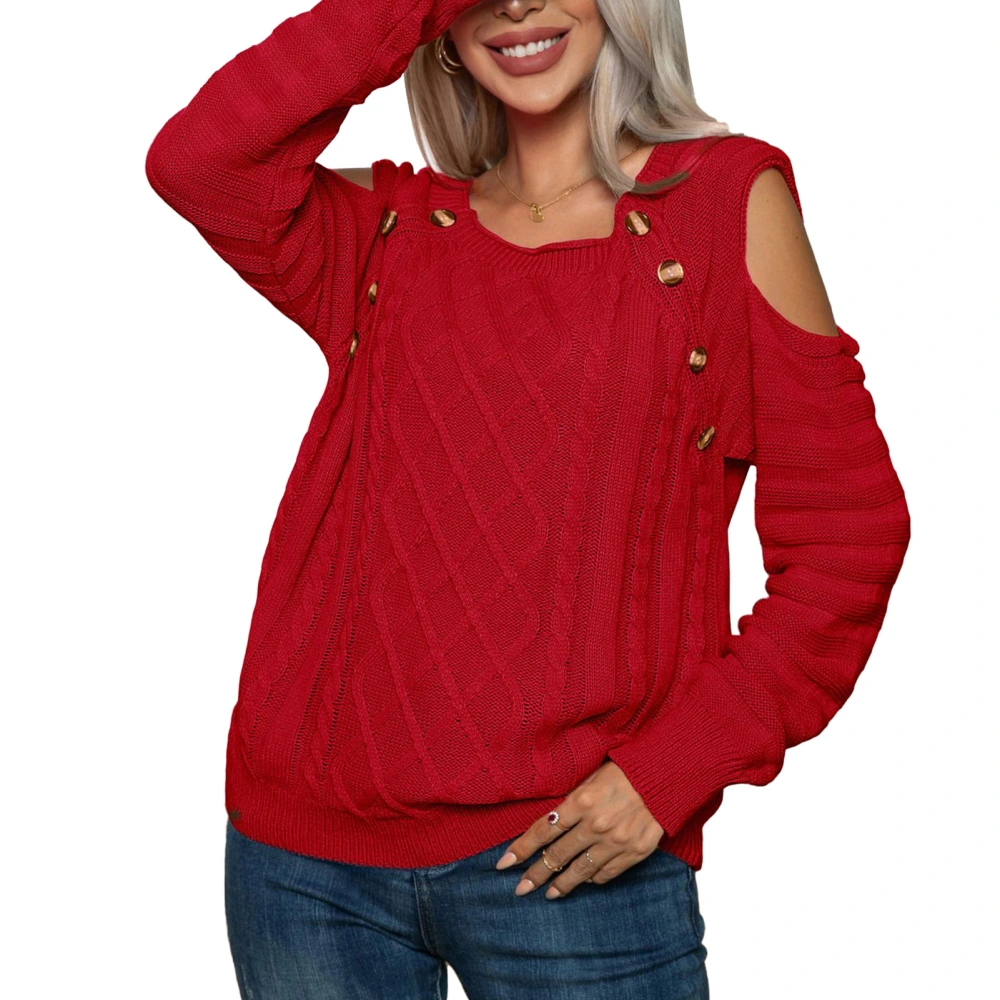 Women Cold Shoulder Sweater Cable Knitted Long Sleeve Button Decor Crew Neck Pullover Sweater Red S