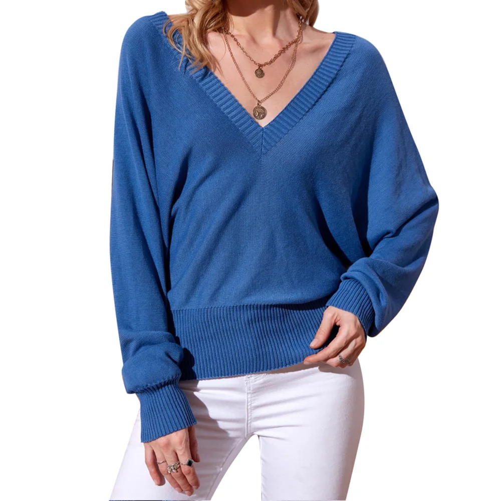 Women V Neck Sweater Long Batwing Sleeve Loose Fitting Pure Color Casual Knitted Top Blue M