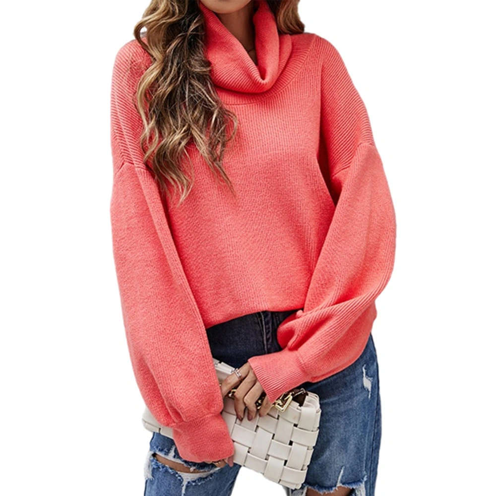 High Collar Knitted Sweater Lantern Sleeve Loose Pure Color Long Sleeve Pullover Leisure Sweater for Women Red S