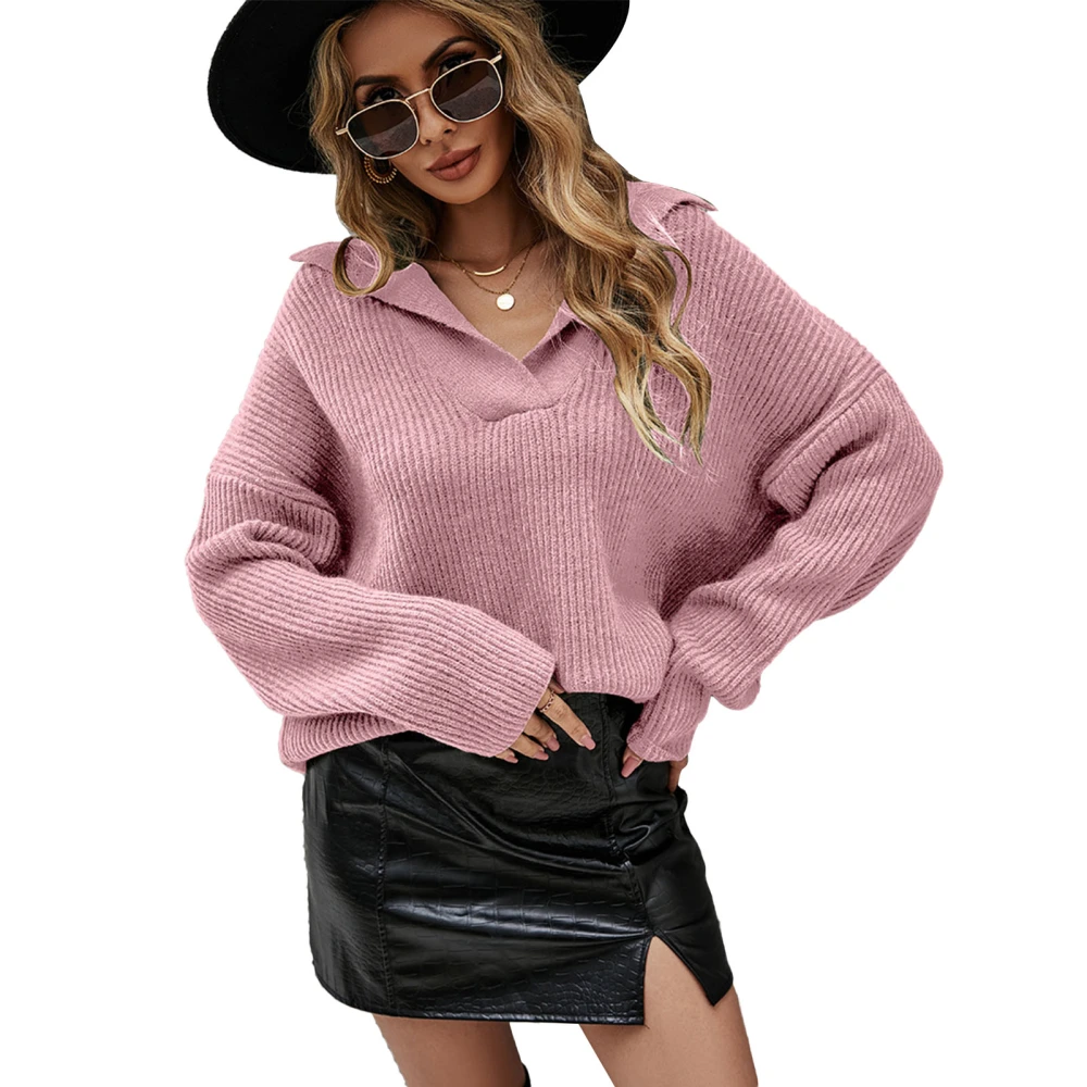 V Neck Knitted Sweater Loose Drop Shoulder Pure Color Long Sleeve Thicken Pullover Leisure Knit Sweater for Woman Pink XL