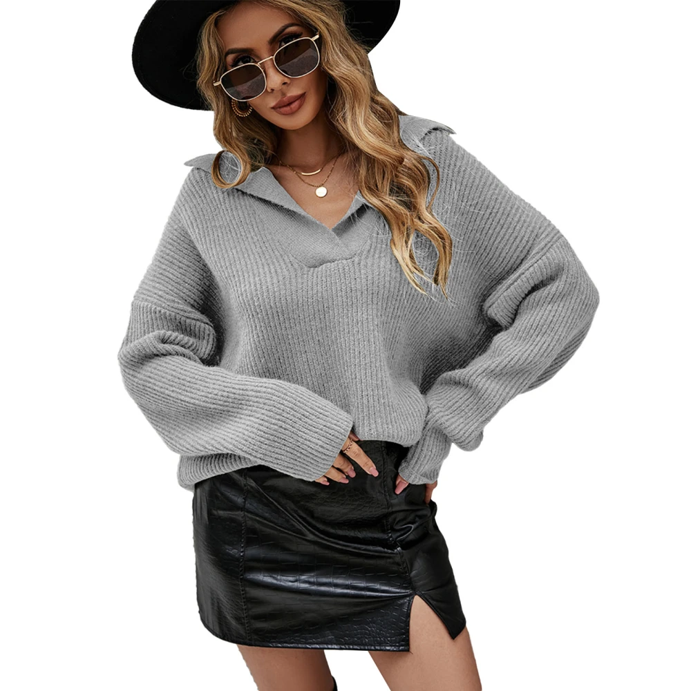 V Neck Knitted Sweater Loose Drop Shoulder Pure Color Long Sleeve Thicken Pullover Leisure Knit Sweater for Woman Grey XL