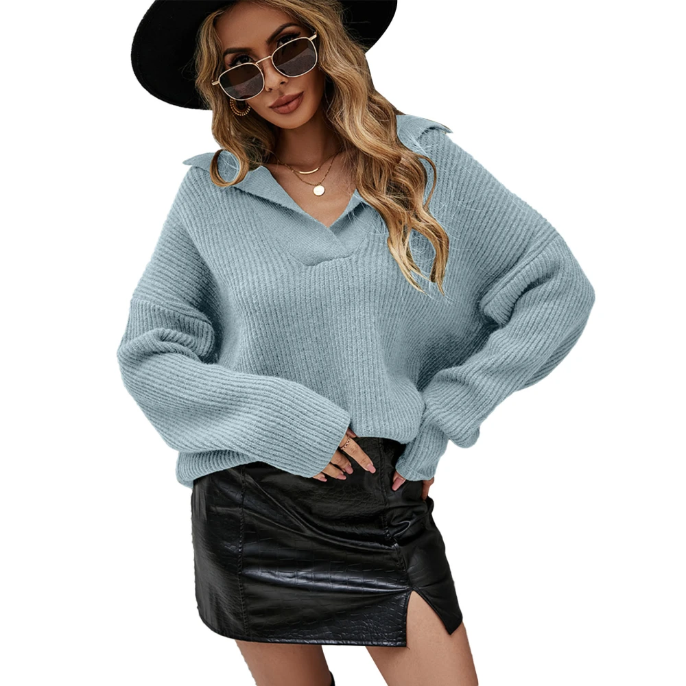 V Neck Knitted Sweater Loose Drop Shoulder Pure Color Long Sleeve Thicken Pullover Leisure Knit Sweater for Woman Blue L