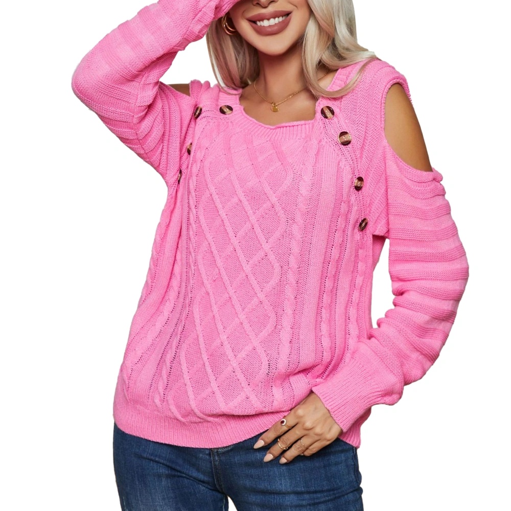 Women Cold Shoulder Sweater Cable Knitted Long Sleeve Button Decor Crew Neck Pullover Sweater Pink L