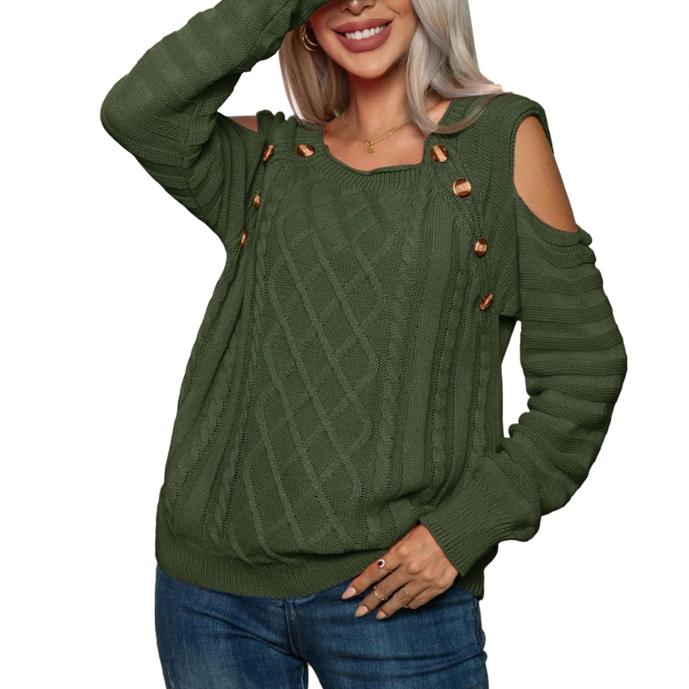 Women Cold Shoulder Sweater Cable Knitted Long Sleeve Button Decor Crew Neck Pullover Sweater OD Green M