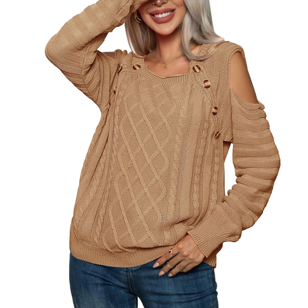 Women Cold Shoulder Sweater Cable Knitted Long Sleeve Button Decor Crew Neck Pullover Sweater Khaki XL