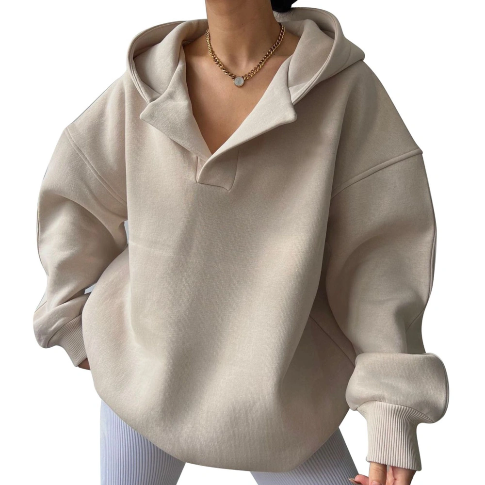 Women Fleece Hoodies Long Sleeves V Neck Loose Fitting Pure Color Casual Oversized Pullover Top Apricot XL