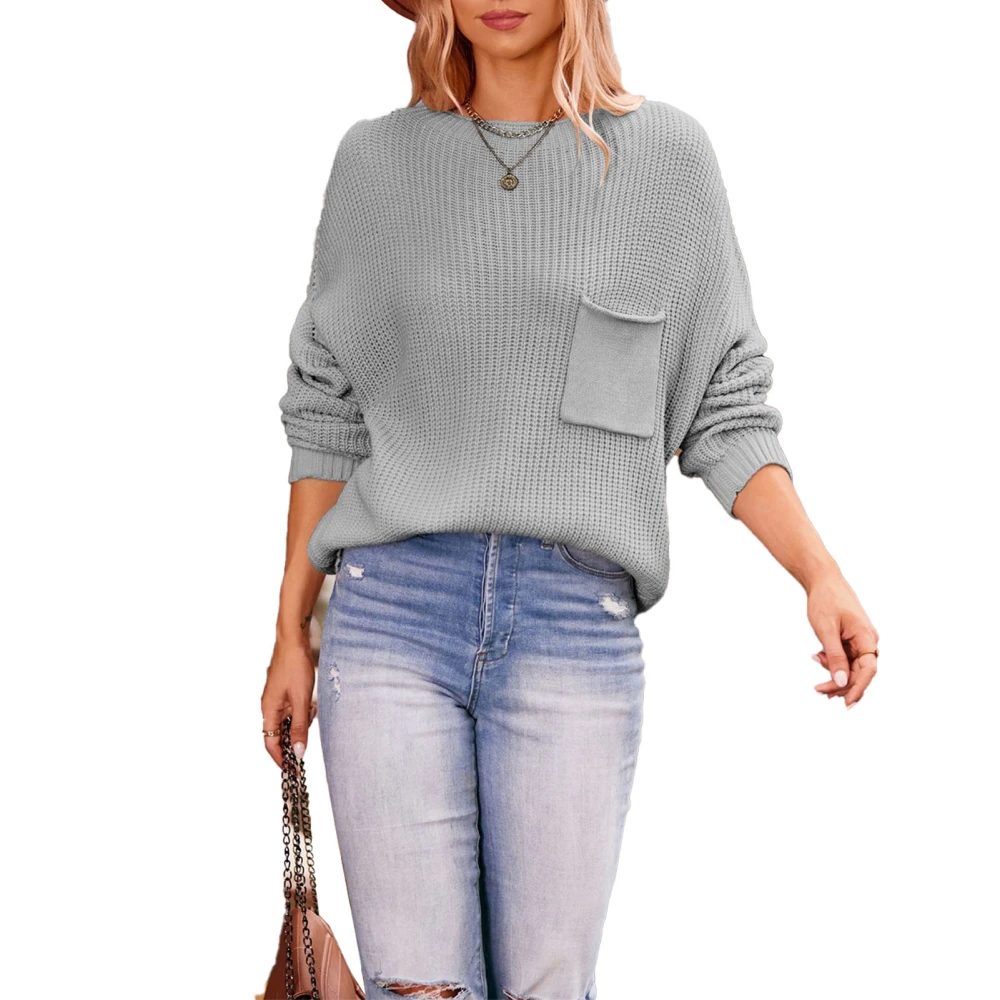 Women Knit Sweaters Pure Color Batwing Sleeve Round Neck Pocket Breathable Soft Skin Friendly for Home Outdoor Gray M