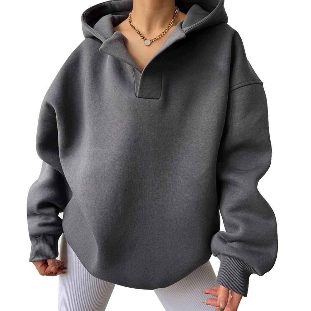 Women Fleece Hoodies Long Sleeves V Neck Loose Fitting Pure Color Casual Oversized Pullover Top Grey XL