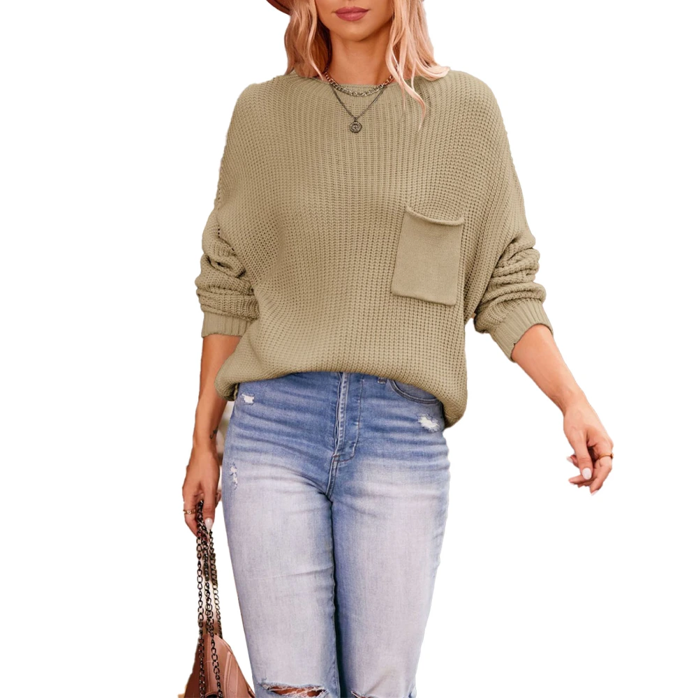 Women Knit Sweaters Pure Color Batwing Sleeve Round Neck Pocket Breathable Soft Skin Friendly for Home Outdoor Coffee Color S