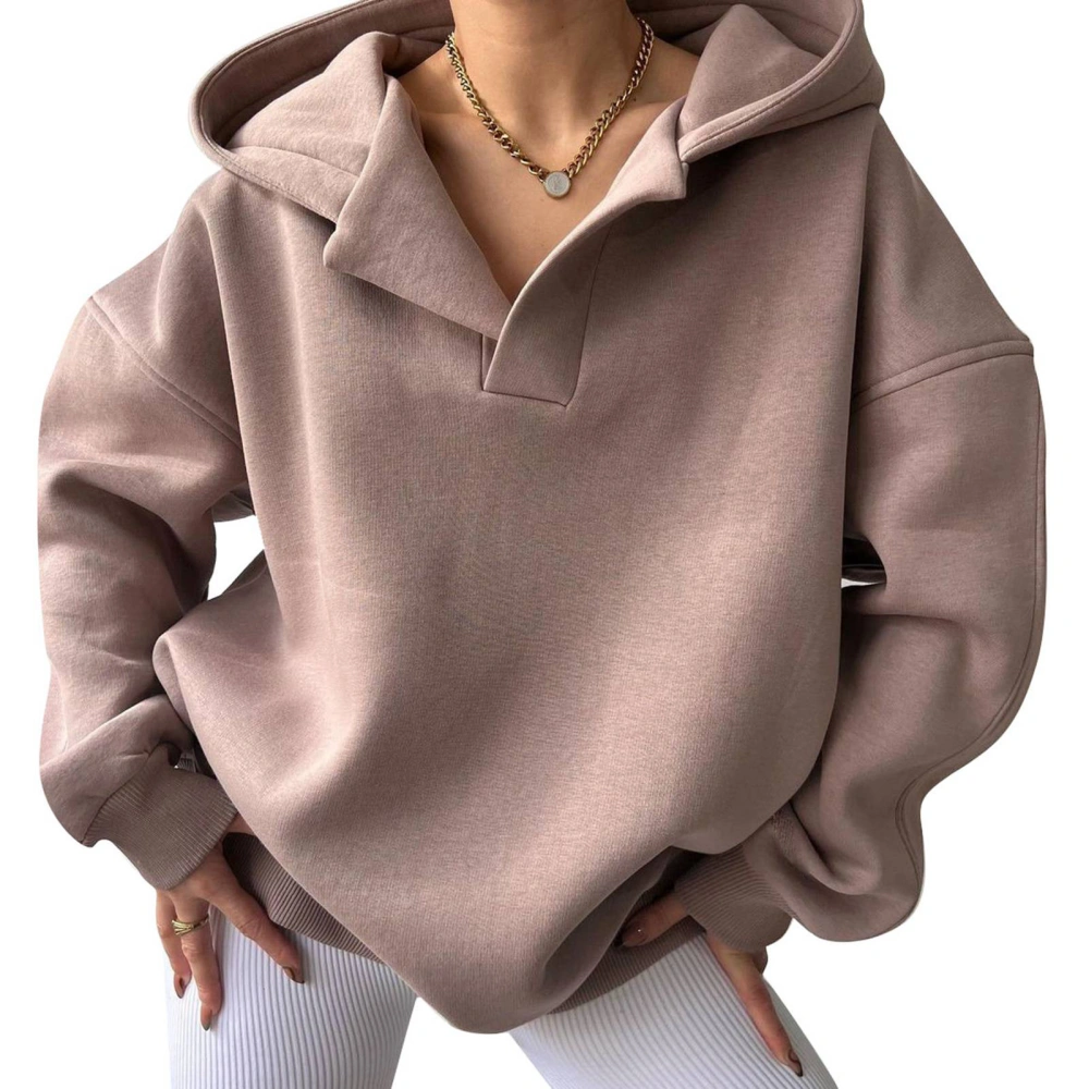 Women Fleece Hoodies Long Sleeves V Neck Loose Fitting Pure Color Casual Oversized Pullover Top Pink Apricot XL