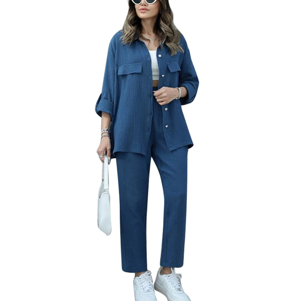 Women Two Piece Outfits Turn Down Collar Long Sleeves Top Elastic Waist Pants Casual Set Blue S