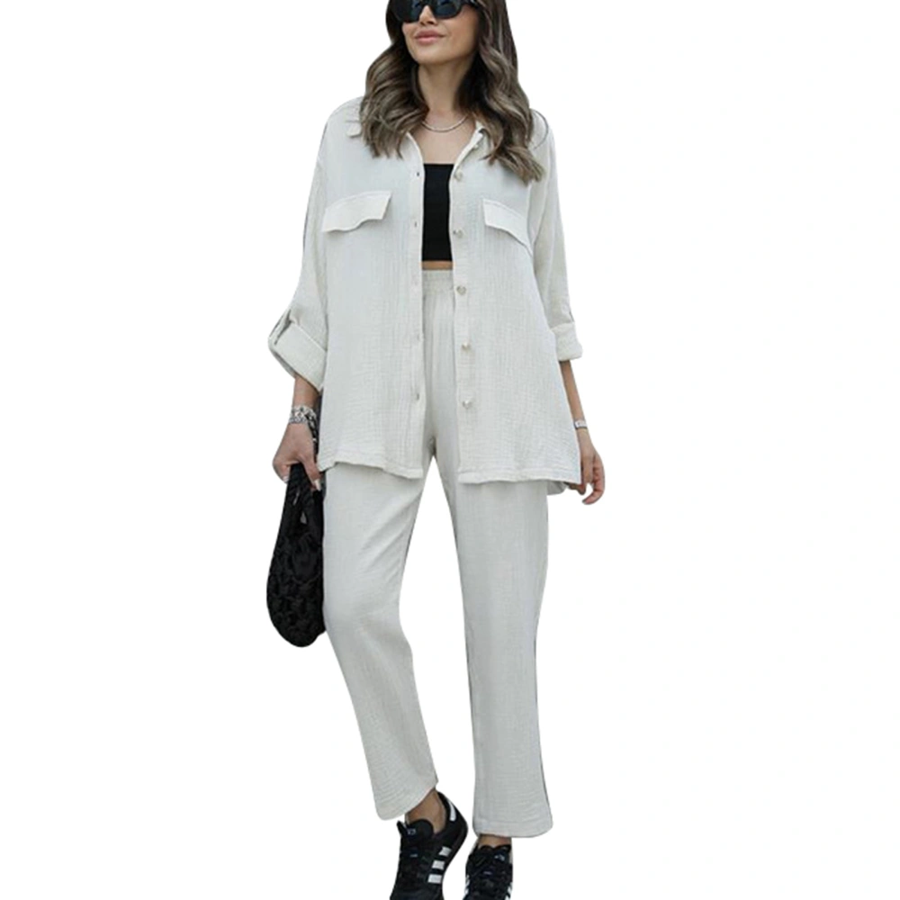 Women Two Piece Outfits Turn Down Collar Long Sleeves Top Elastic Waist Pants Casual Set White M