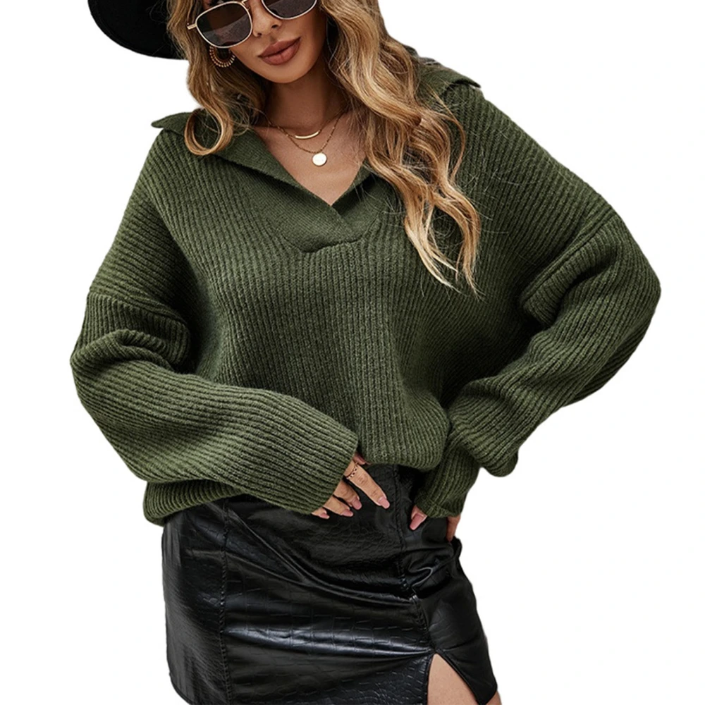 V Neck Knitted Sweater Loose Drop Shoulder Pure Color Long Sleeve Thicken Pullover Leisure Knit Sweater for Woman OD Green S