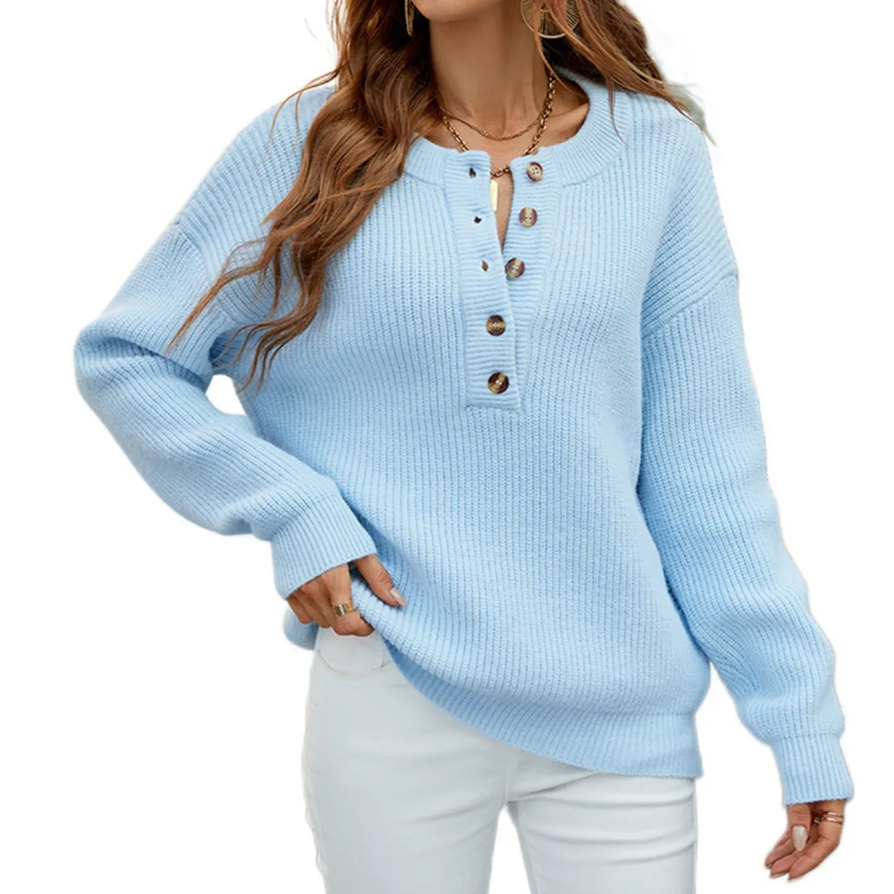 Button Front Knitted Sweater Round Neck Plain Color Drop Shoulder Pullover Sweater for Women Blue L