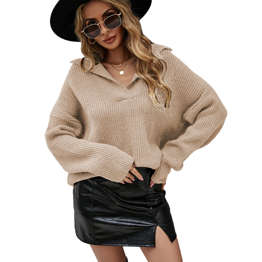 V Neck Knitted Sweater Loose Drop Shoulder Pure Color Long Sleeve Thicken Pullover Leisure Knit Sweater for Woman Apricot L