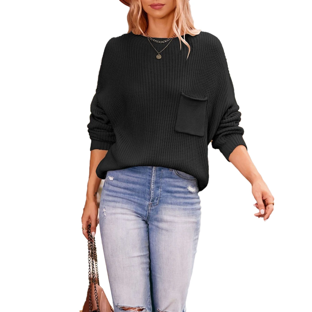 Women Knit Sweaters Pure Color Batwing Sleeve Round Neck Pocket Breathable Soft Skin Friendly for Home Outdoor Black L