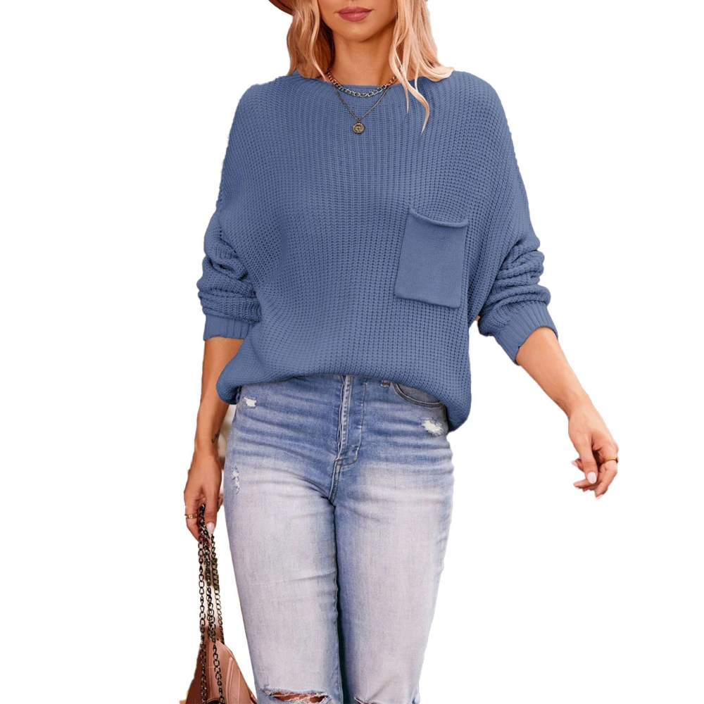 Women Knit Sweaters Pure Color Batwing Sleeve Round Neck Pocket Breathable Soft Skin Friendly for Home Outdoor Blue M