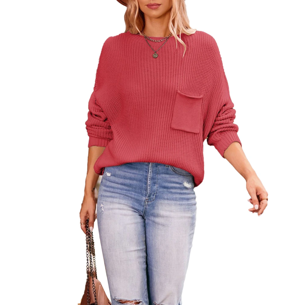 Women Knit Sweaters Pure Color Batwing Sleeve Round Neck Pocket Breathable Soft Skin Friendly for Home Outdoor Red XL