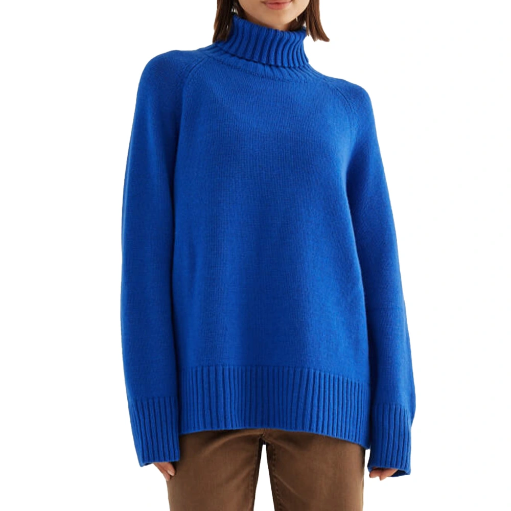 Women High Neck Sweater Long Sleeves Loose Fitting Casual Knitted Pullover for Autumn Winter Royalblue S