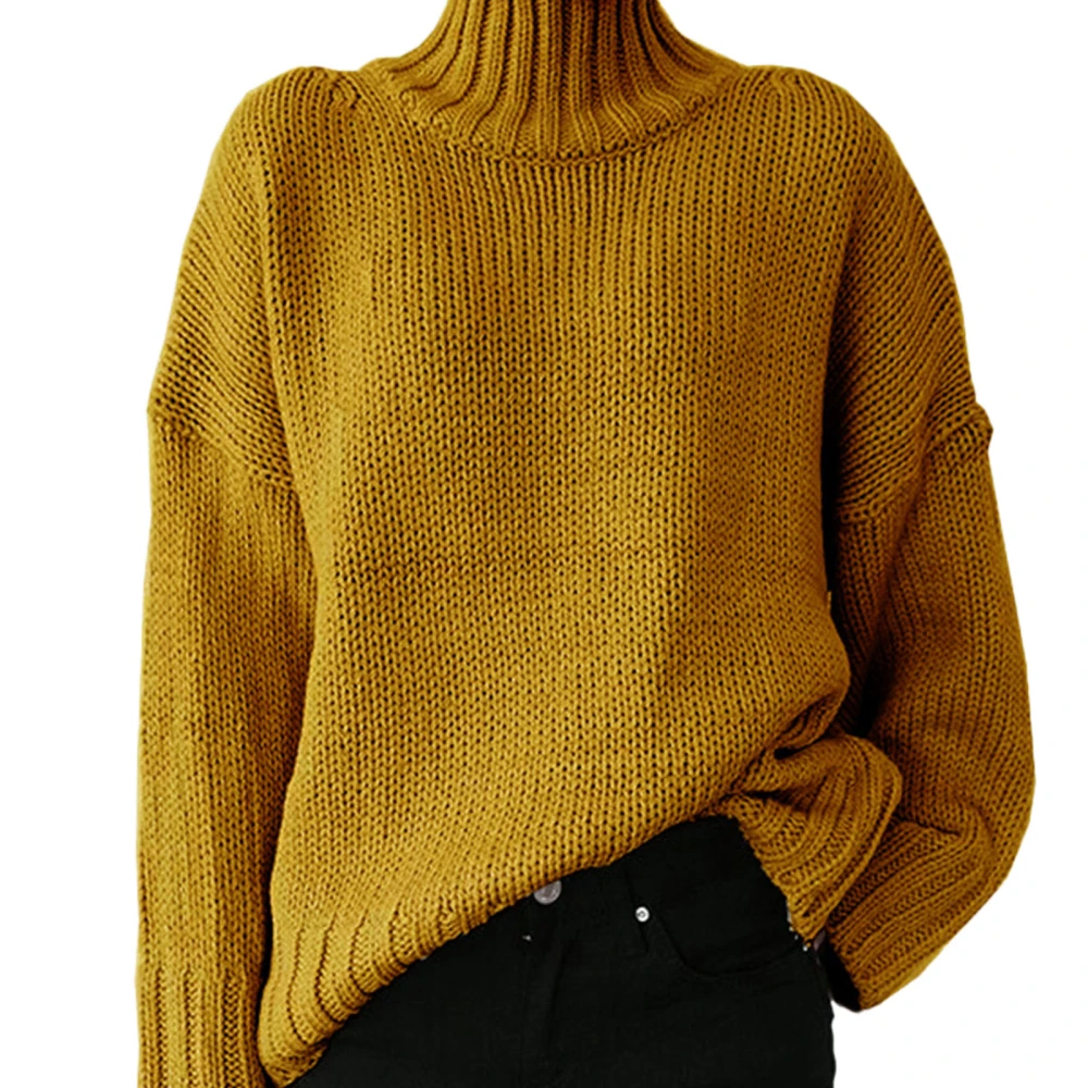 Women Long Sleeves Sweater High Collar Loose Fitting Casual Knitted Pullover Sweatershirt Yellow XL