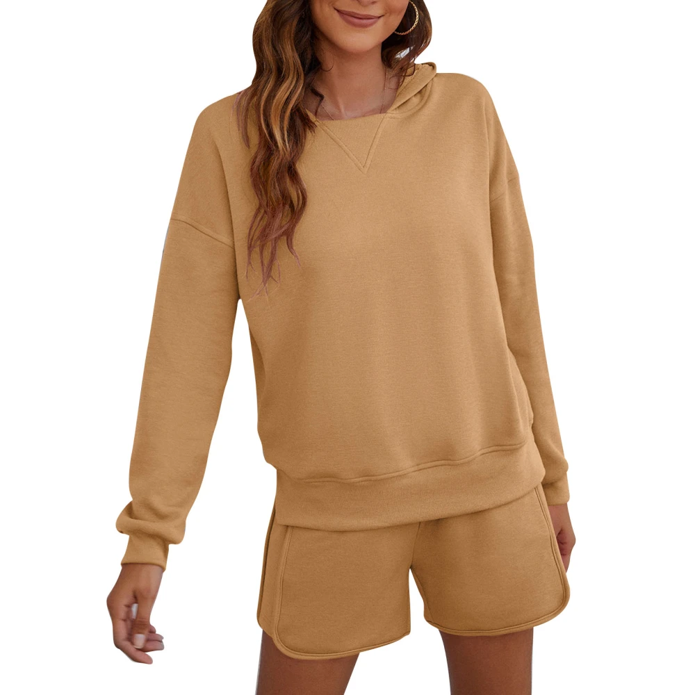 Women Hoodie Shorts Set Long Sleeve Plain Color Split Hem 2 Piece Hooded Oufits Set Light Tan S