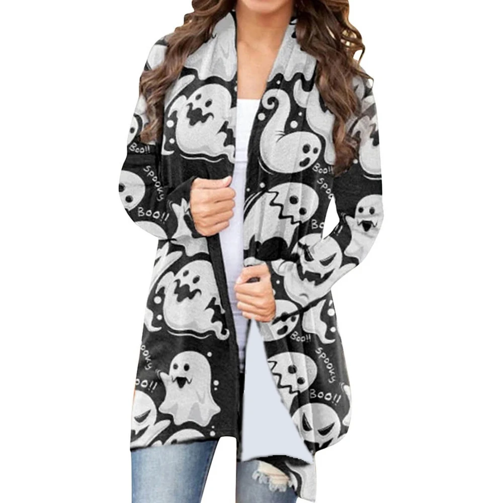 Halloween Open Front Shirt Long Sleeve Loose Fit Printed Dressy Halloween Outerwear Type 2 XXL