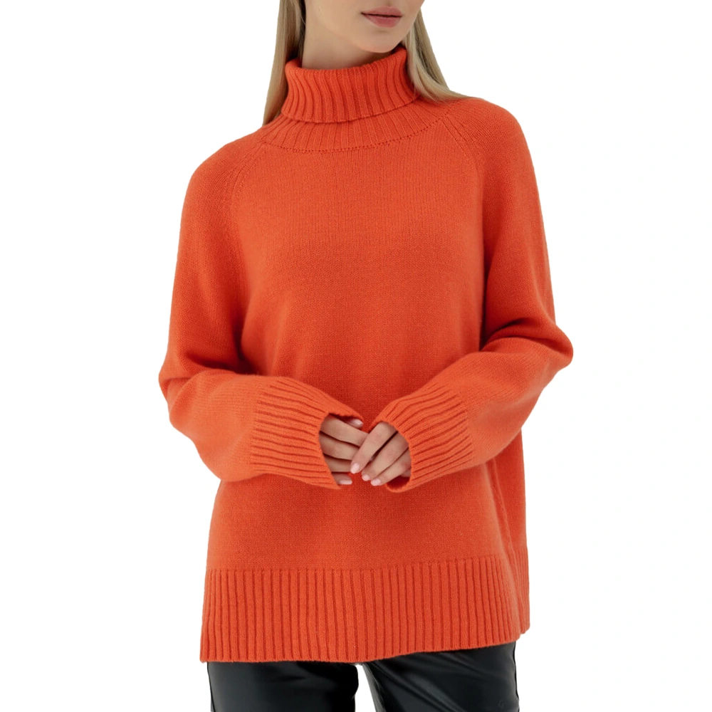 Women High Neck Sweater Long Sleeves Loose Fitting Casual Knitted Pullover for Autumn Winter Orange S