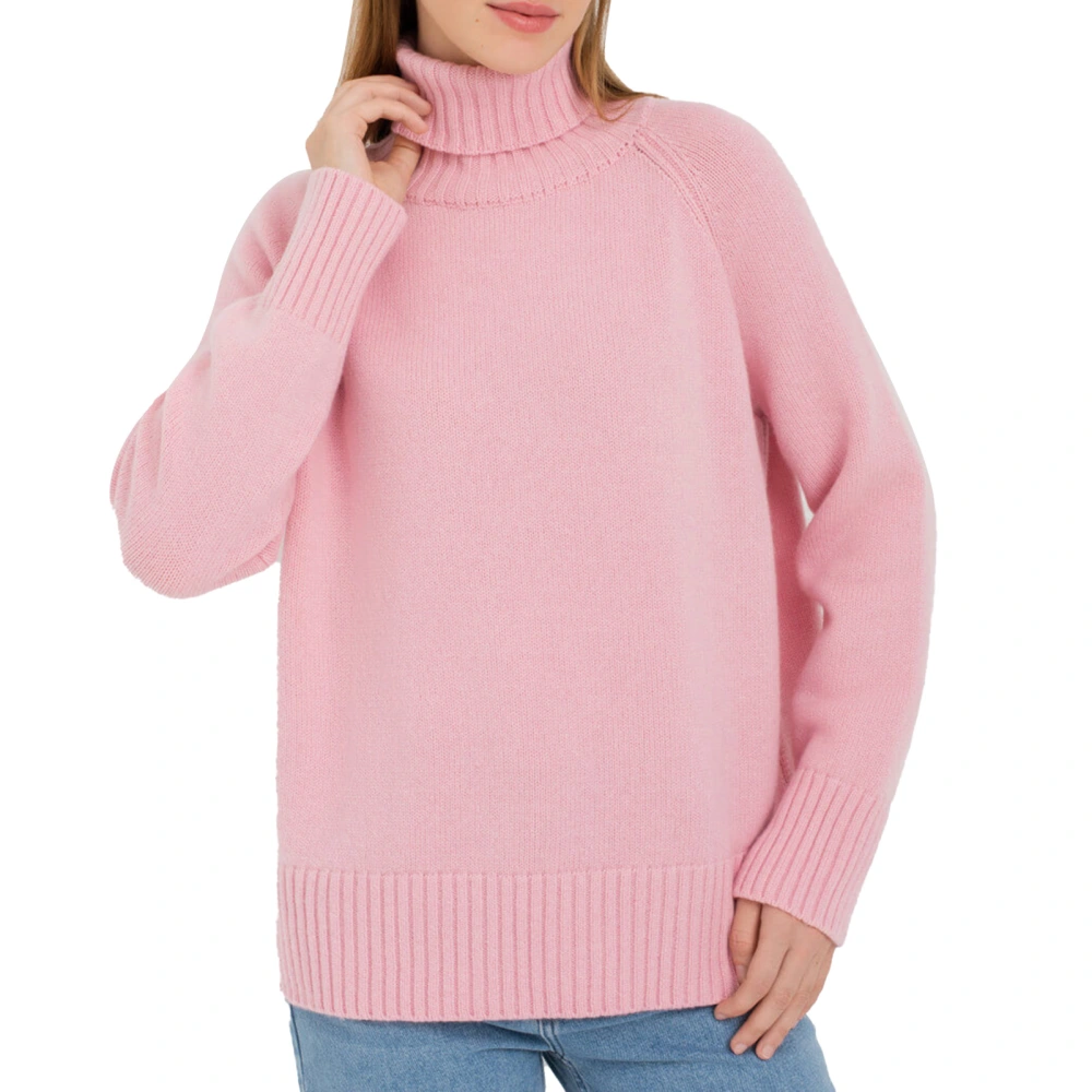 Women High Neck Sweater Long Sleeves Loose Fitting Casual Knitted Pullover for Autumn Winter Pink S