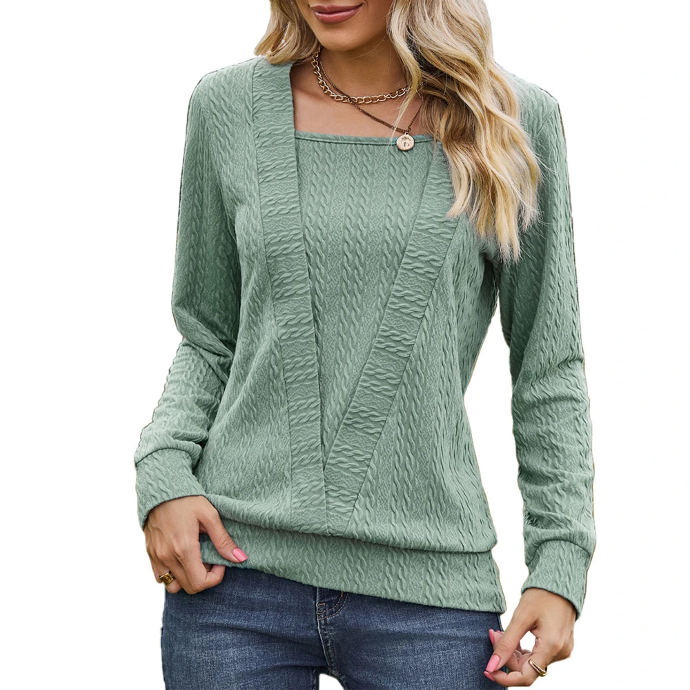 Women Long Sleeve Shirt Pure Color Square Neck Crossover Loose Long Base Bottom Top Dark Green S