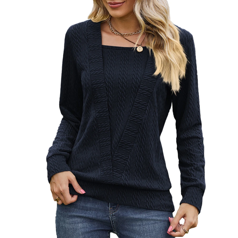 Women Long Sleeve Shirt Pure Color Square Neck Crossover Loose Long Base Bottom Top Navy Blue S