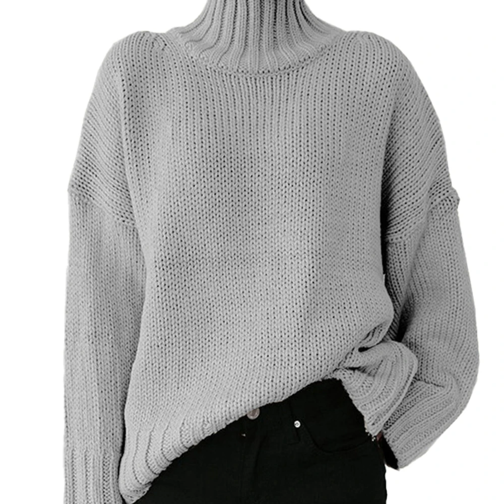 Women Long Sleeves Sweater High Collar Loose Fitting Casual Knitted Pullover Sweatershirt Grey XXL