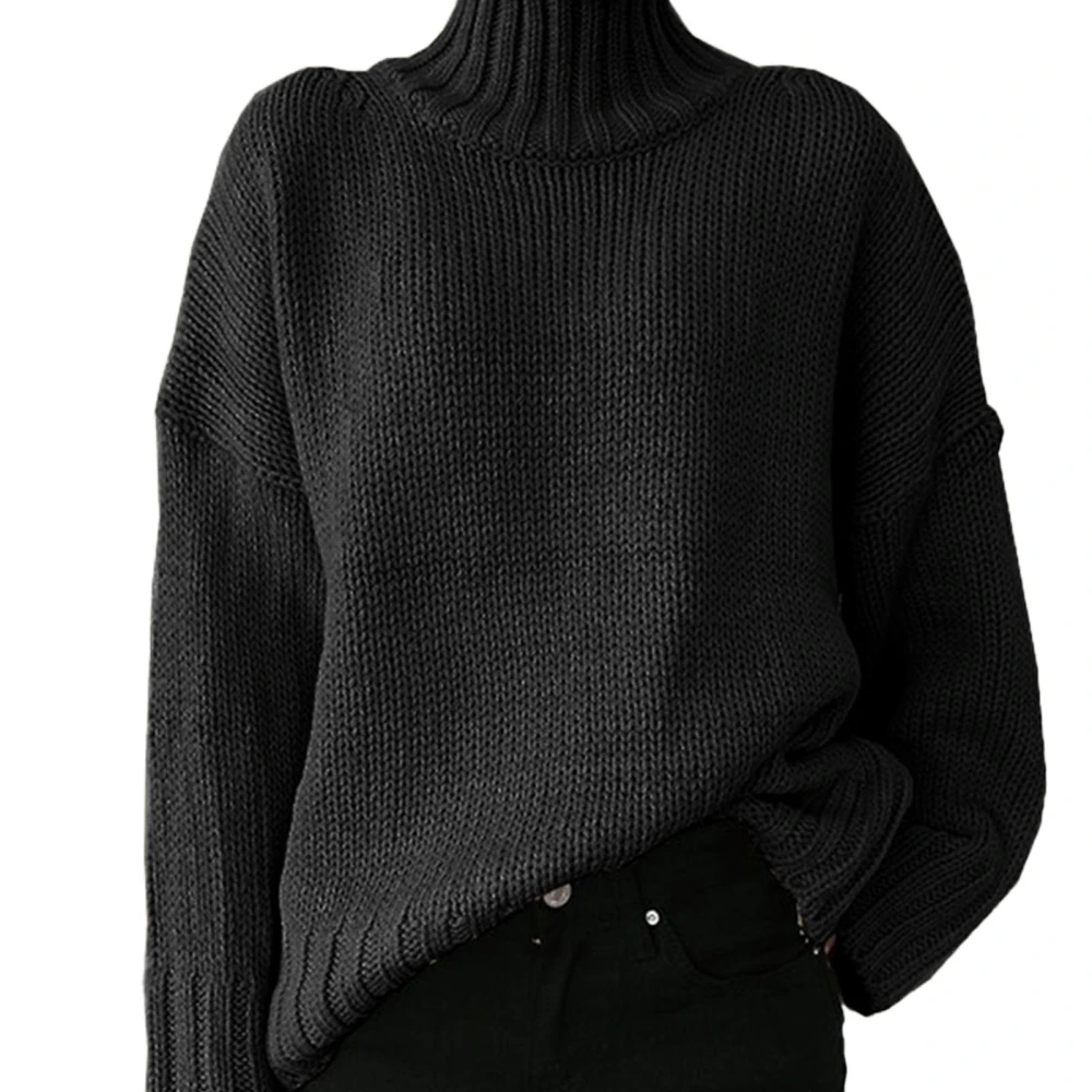 Women Long Sleeves Sweater High Collar Loose Fitting Casual Knitted Pullover Sweatershirt Black XL