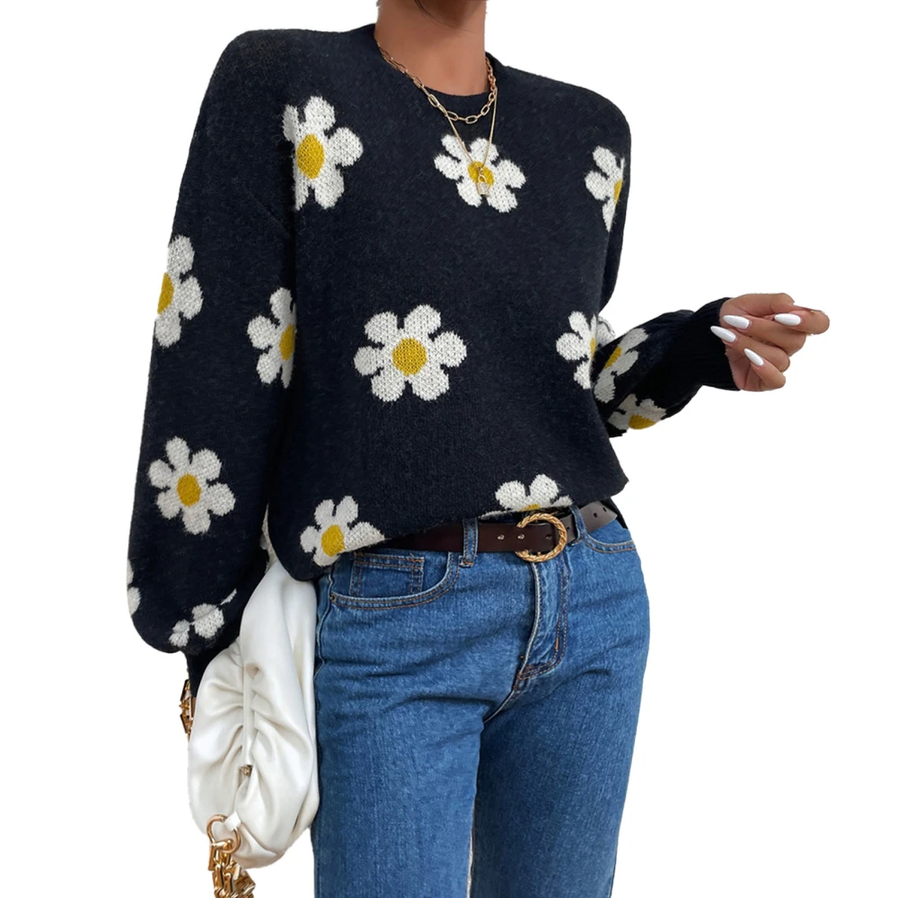 Women Long Puff Sleeve Crewneck Sweater Casual Fashionable Floral Print Pullover Knit Top for Holiday Party Black M