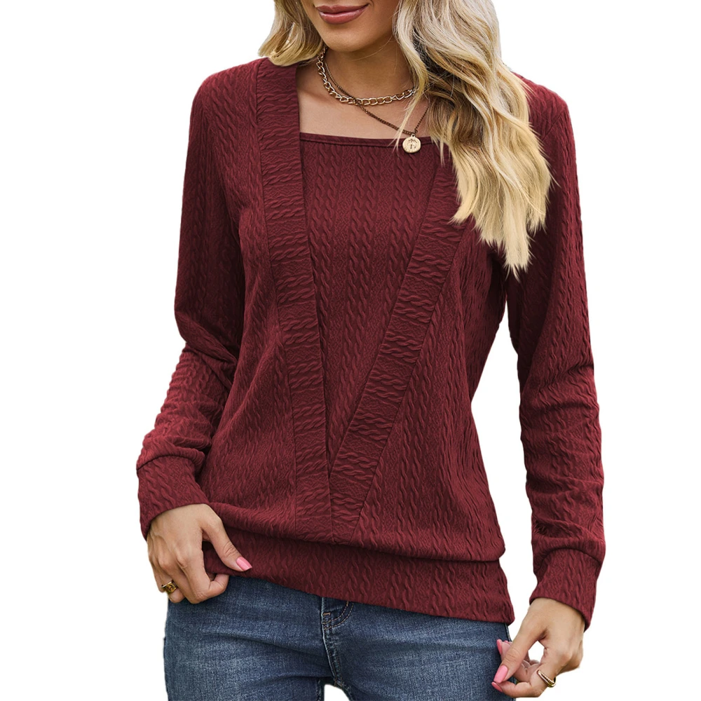 Women Long Sleeve Shirt Pure Color Square Neck Crossover Loose Long Base Bottom Top Wine Red S