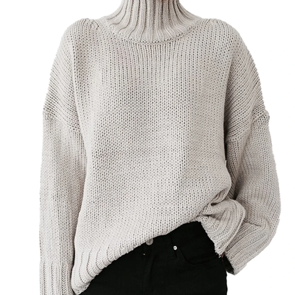 Women Long Sleeves Sweater High Collar Loose Fitting Casual Knitted Pullover Sweatershirt White L